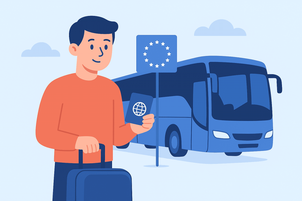 Пасажир біля автобуса з валізою та паспортом перед поїздкою за кордон