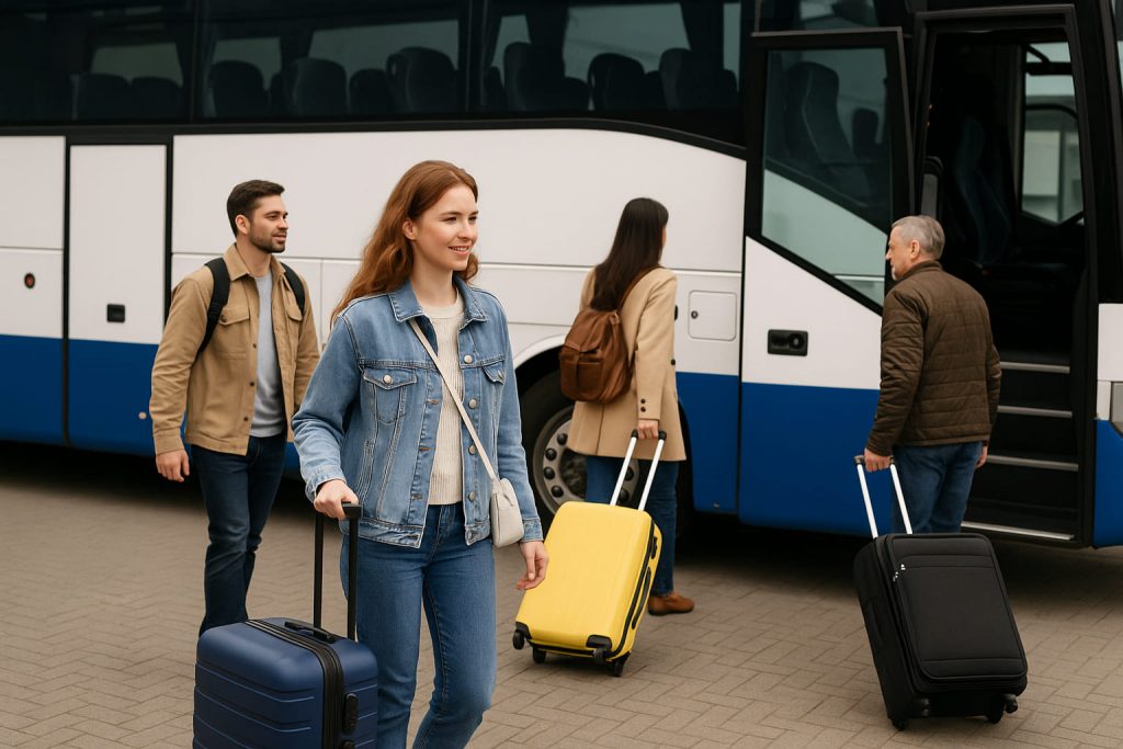 Пасажири з валізами сідають у міжнародний автобус Україна – Польща перед поїздкою за кордон