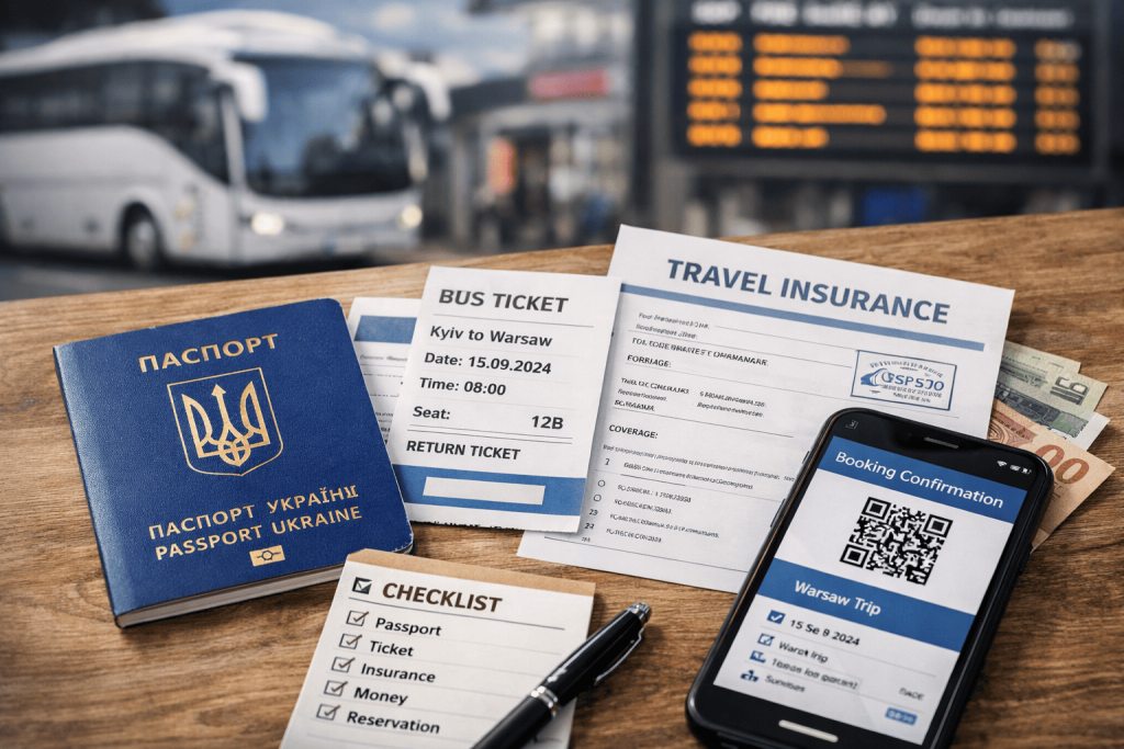 Закордонний паспорт, квиток і страховка для поїздки до Польщі автобусом